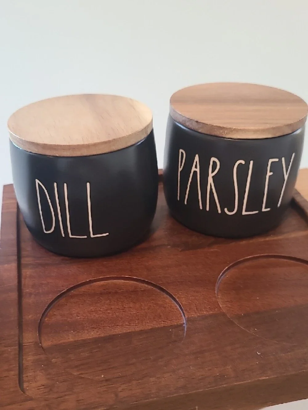 Rae Dunn Black Ceramic Herb Jars with Wood Lids